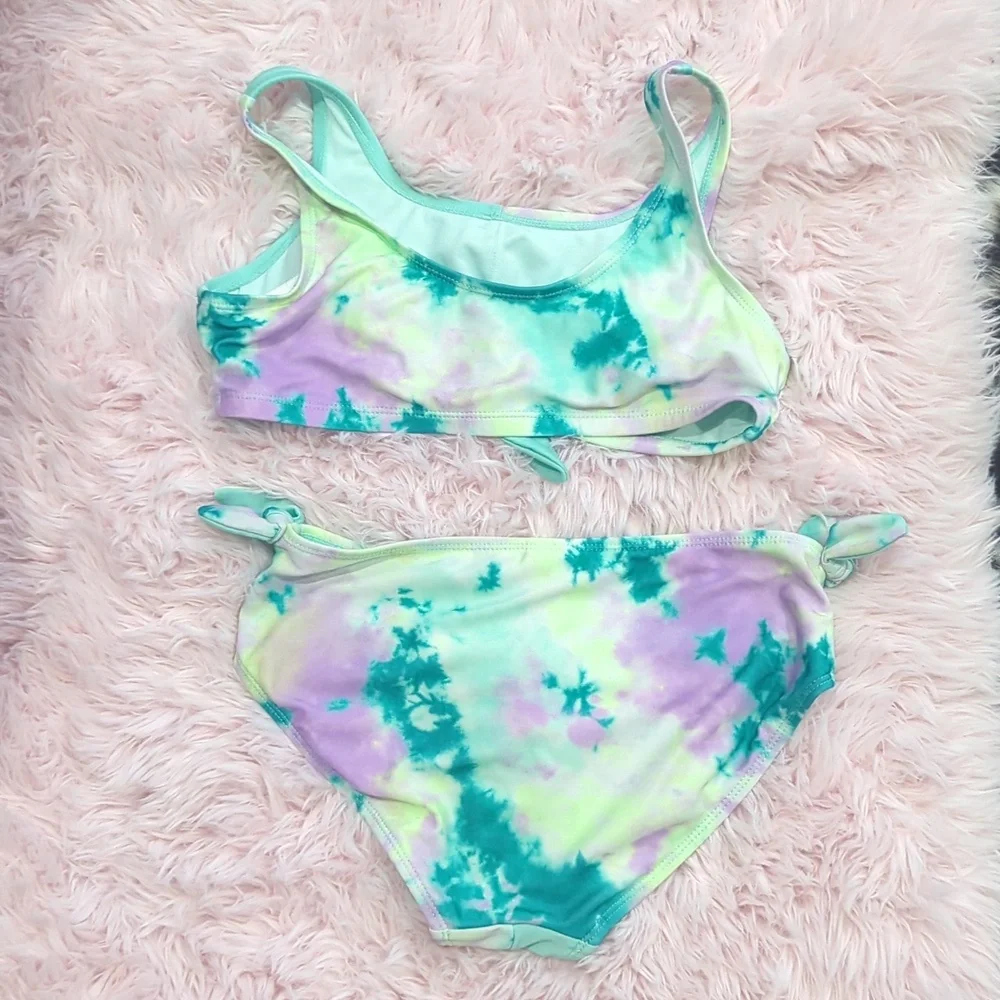 3/$30 JUSTICE Tie Dye/Aqua Color Block sporty 2 Piece Swimsuit Bikini Sz 12-4(L)